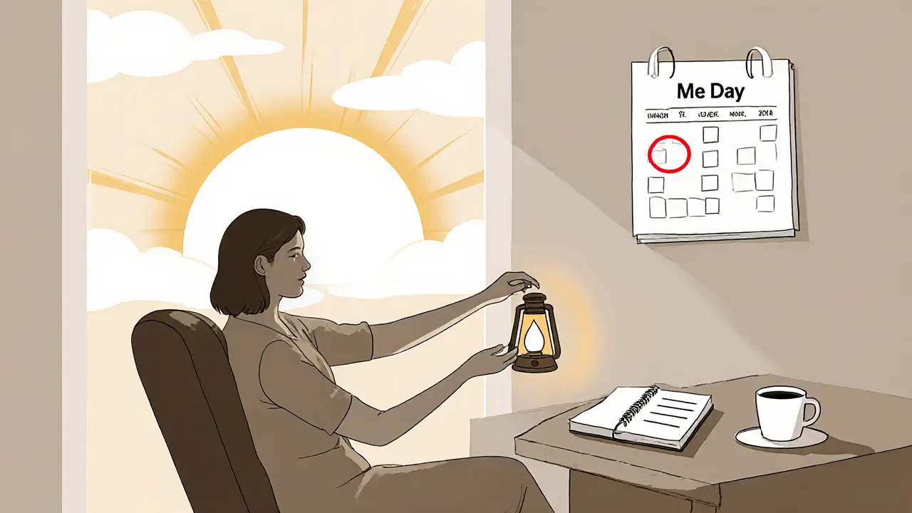 Terapeutka umisťuje svíčku na stůl, venku vychází slunce, na kalendáři je označen den pro sebe.