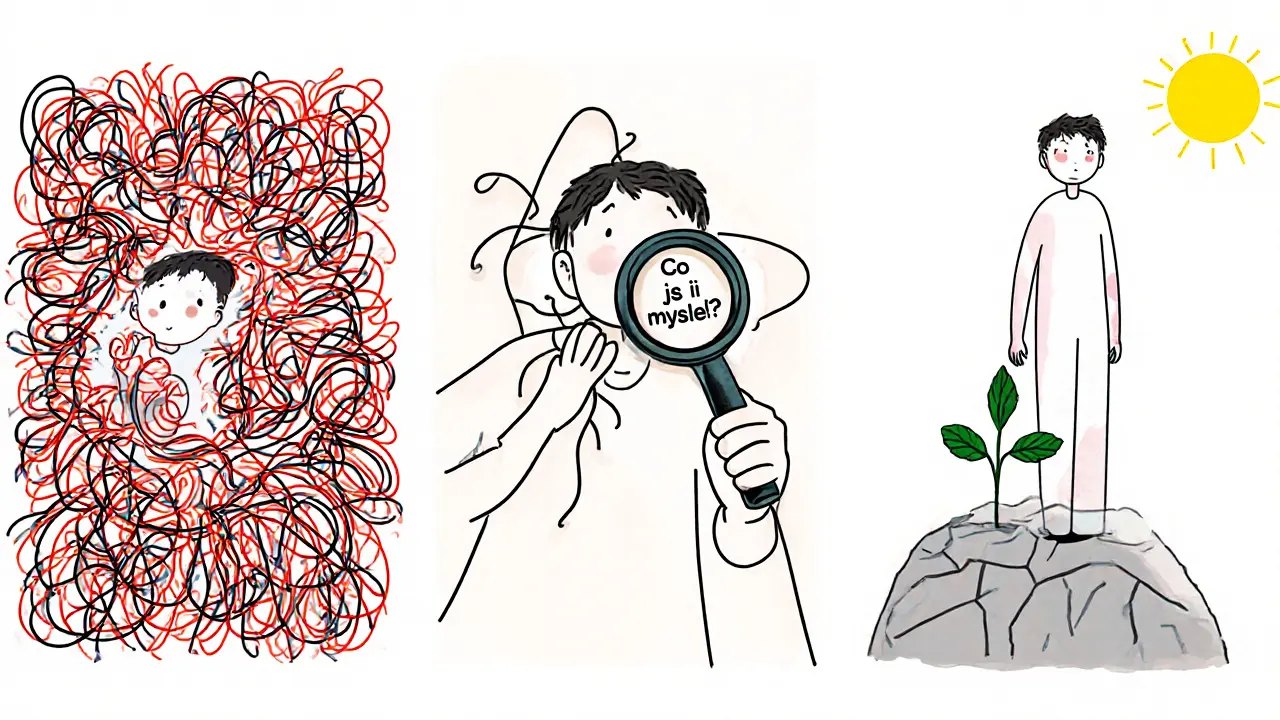 Třístupňová cesta od chaosu k klidu: bouře, rozpoznávání myšlenek a růst z kamenité půdy.