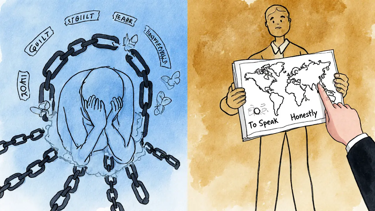 Člověk se přeměňuje z postavy s řetězy na tu, která drží mapu sebevědomí, symbolický přechod.