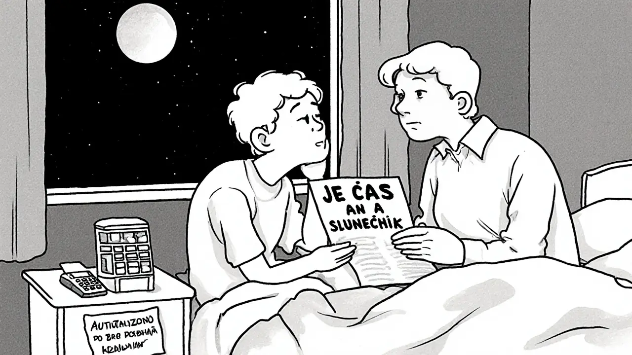 Dítě šeptá kódové jméno, rodič s plánem v ruce v klidné ložnici.