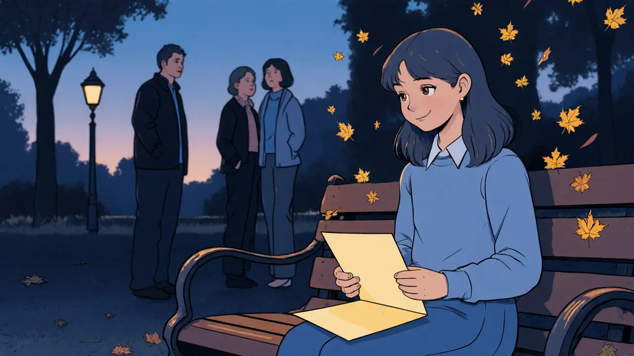 Dívka v pubertě drží dopis na lavičce, rodiče stojí v pozadí, osvětlení západu vyjadřuje napětí.