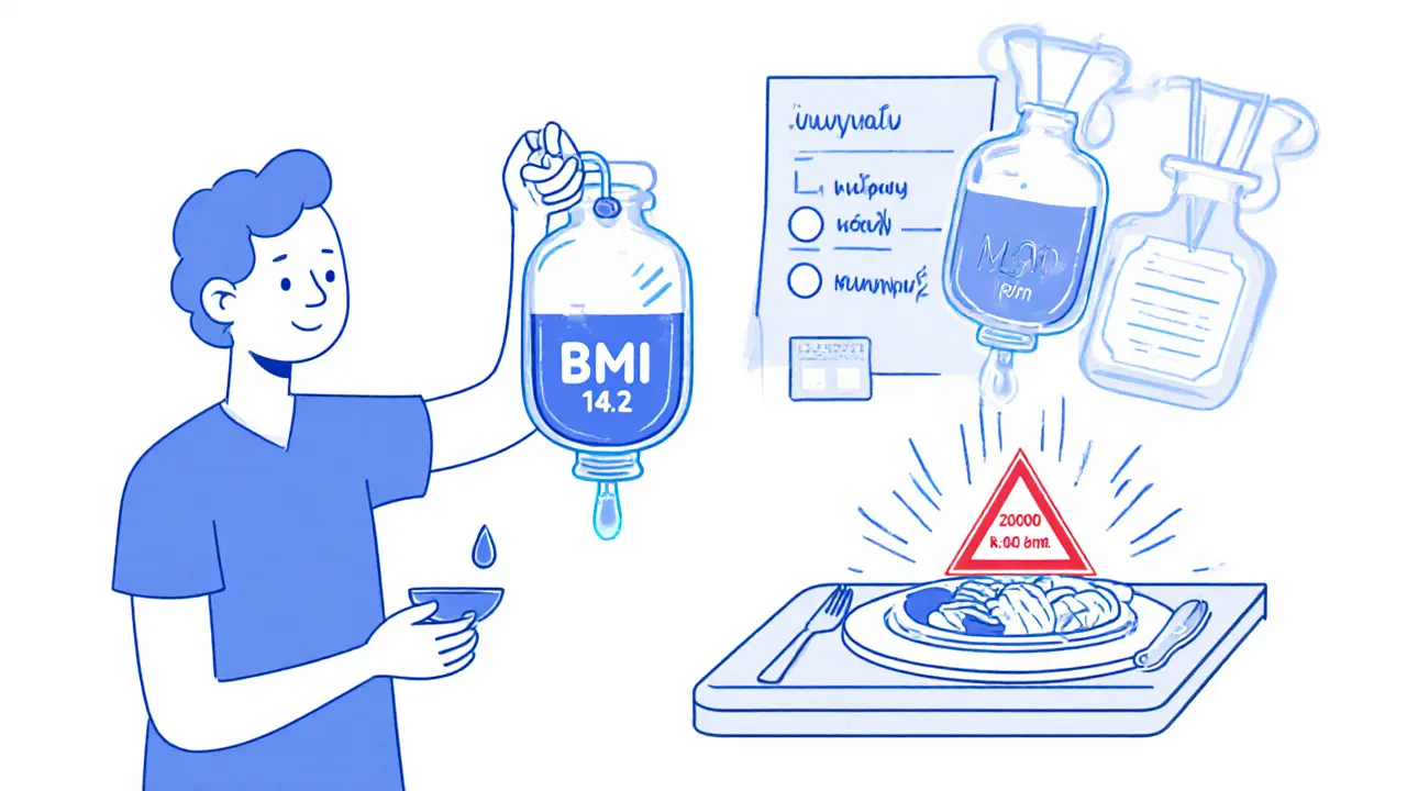 Doctor carefully administering nutrients while electrolyte vials protect the patient.