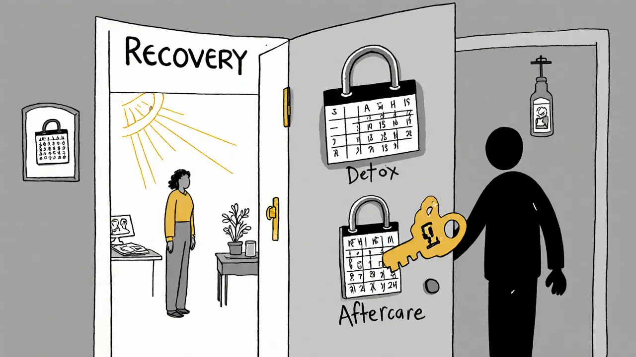 Dveře uzdravení s třemi zámkami, které se pomalu otevírají během dlouhodobé léčby.