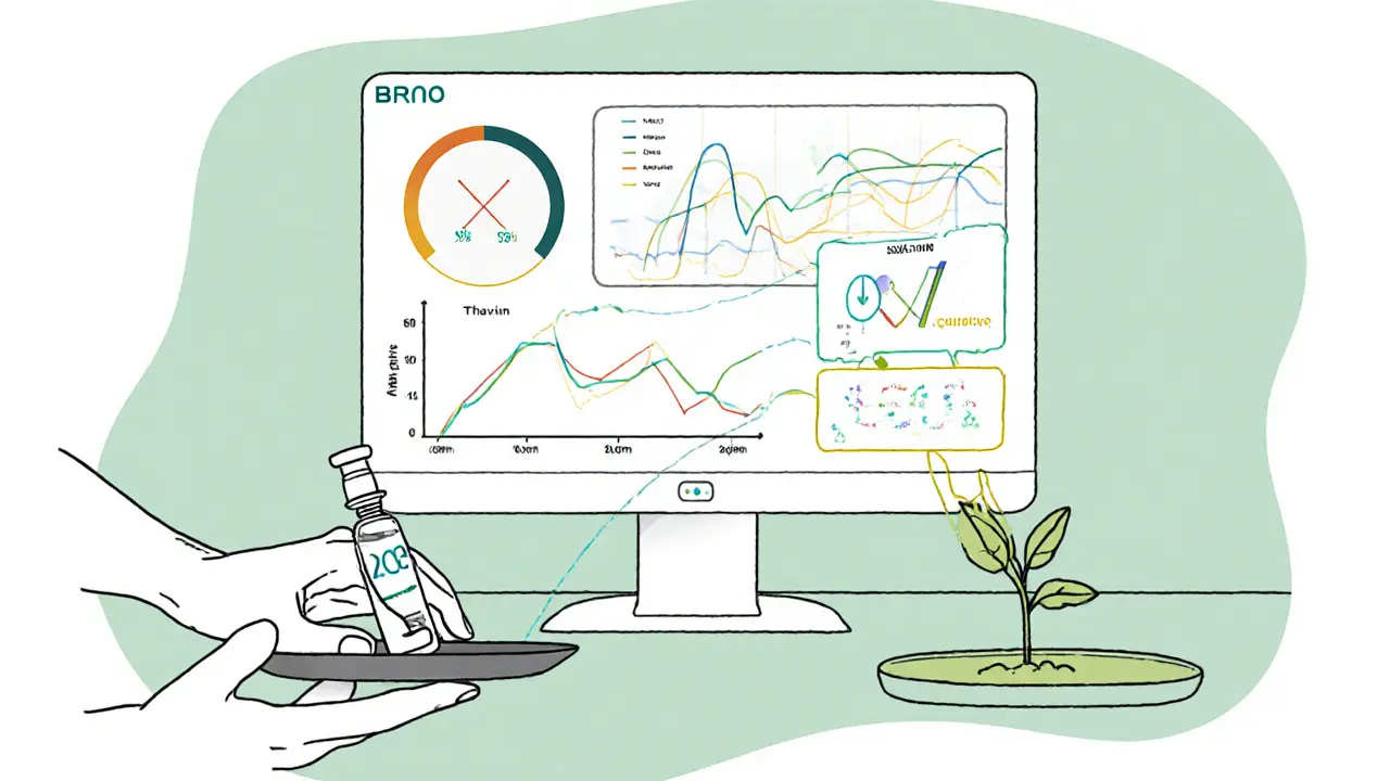 Futuristic monitor predicts refeeding risk with algorithm and thiamin vial nearby.