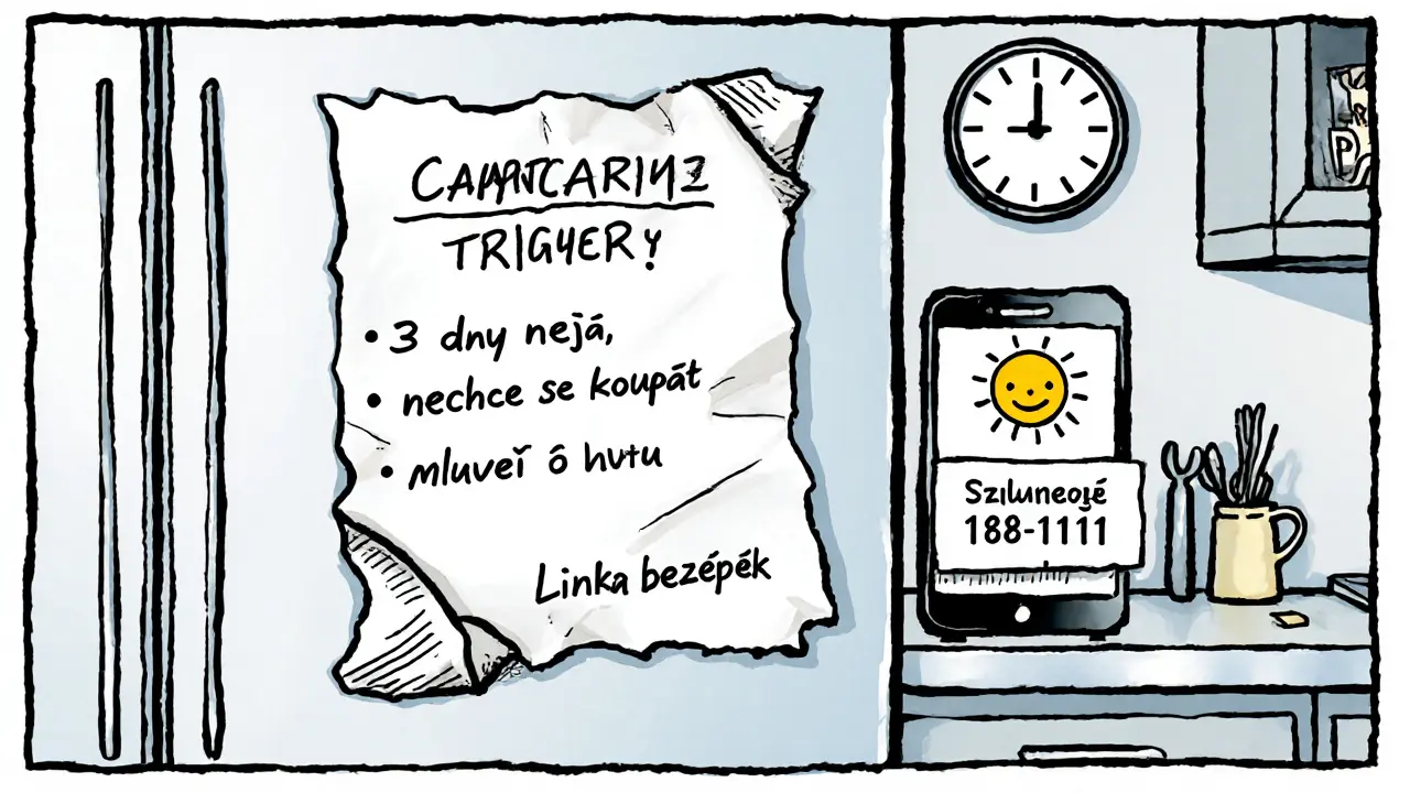 Krizový plán přilepený na lednici s konkrétními příznaky a kontakty.