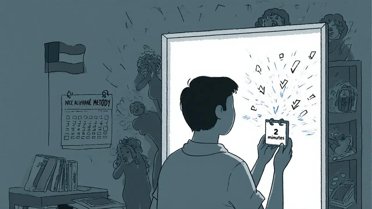 Osoba před zrcadlem drží klíč &#039;2 minuty&#039;, zatímco stresující obrazy mizí, značka 6 týdnů na kalendáři.