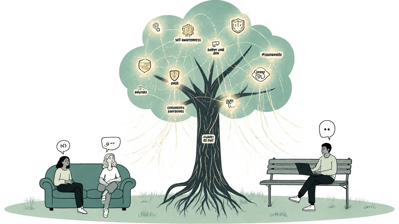 Různí lidé jsou propojeni světelnými vlákny s stromem sebeznalosti, každý má svůj osobní symbol.