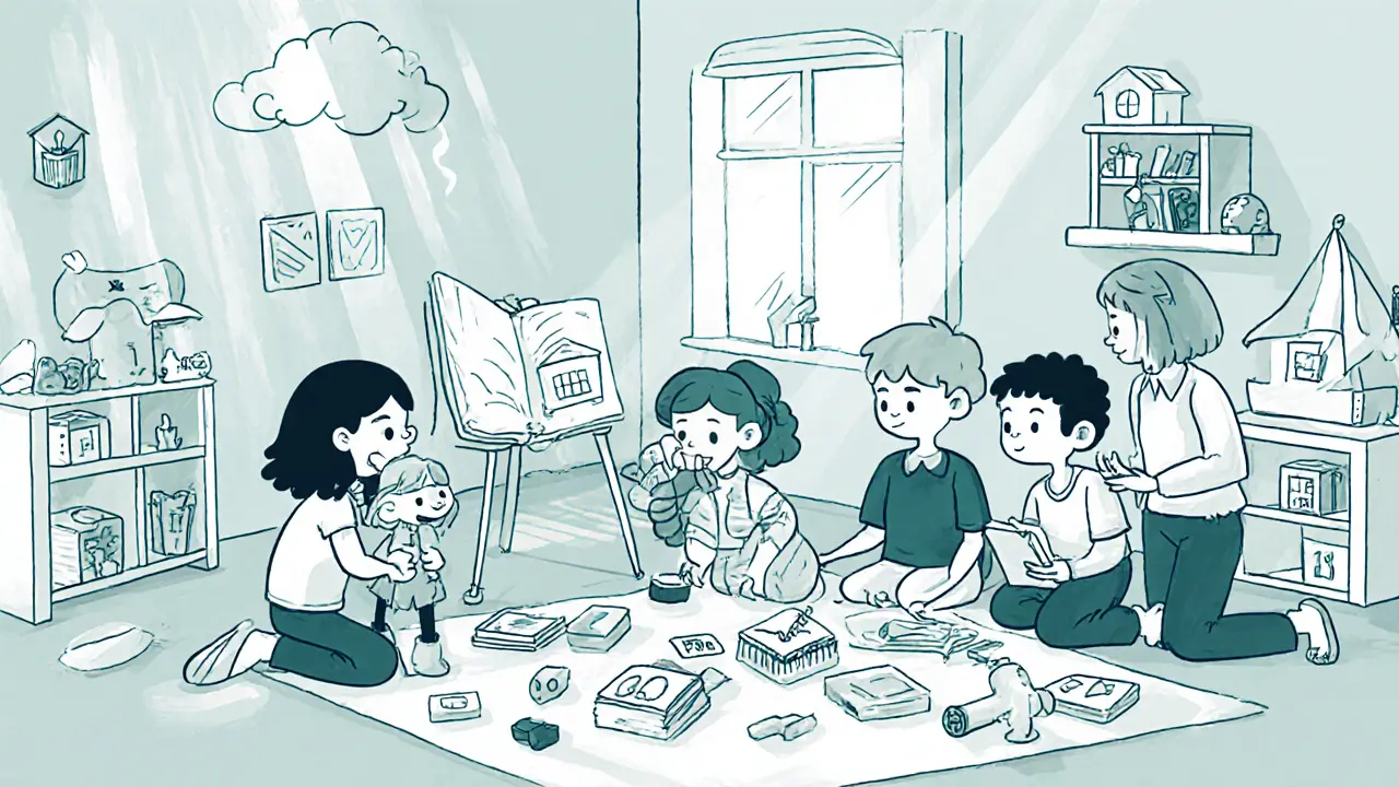 Skupina dětí ve věku 6–9 let hraje a kreslí v terapeutickém prostoru plném her a barev.