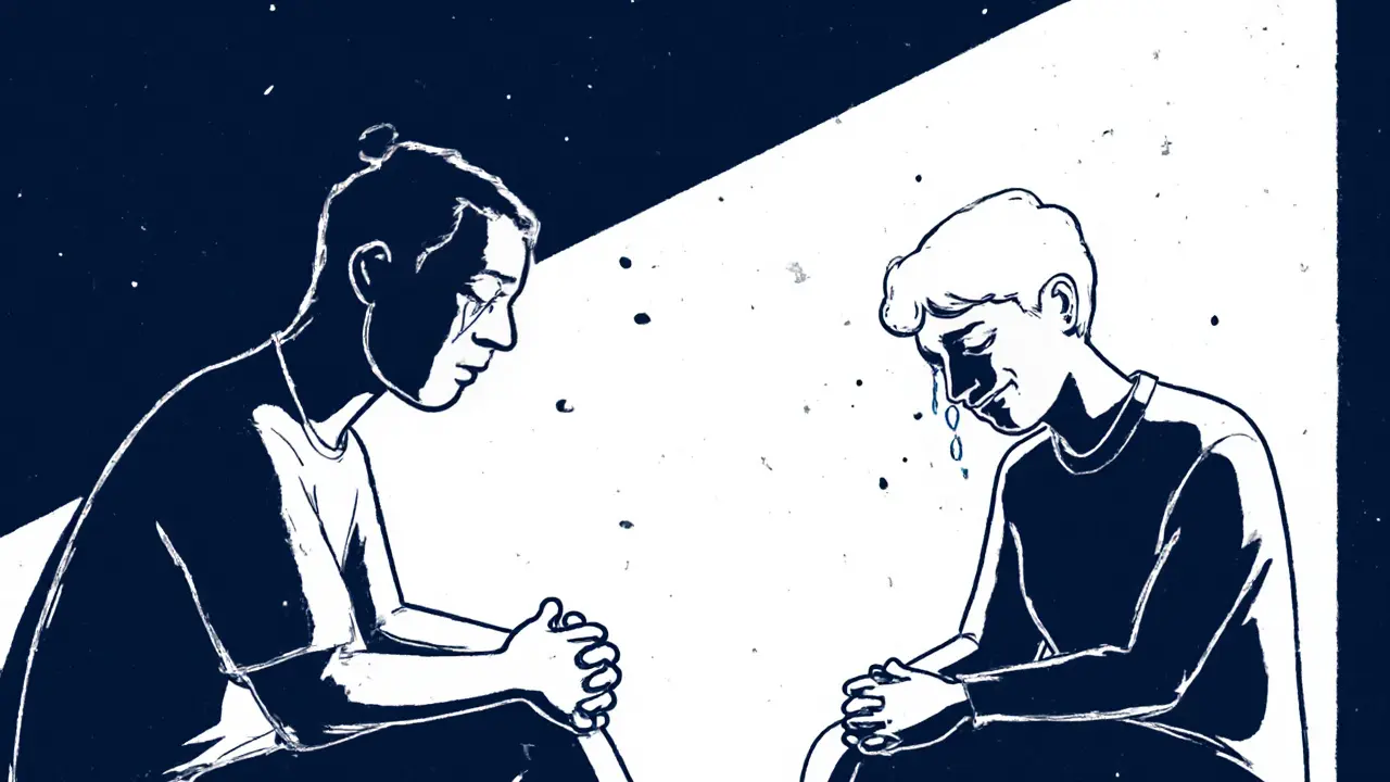 Terapeut a klient sedí ticho, klient pláče, terapeut ho klidně pozoruje.