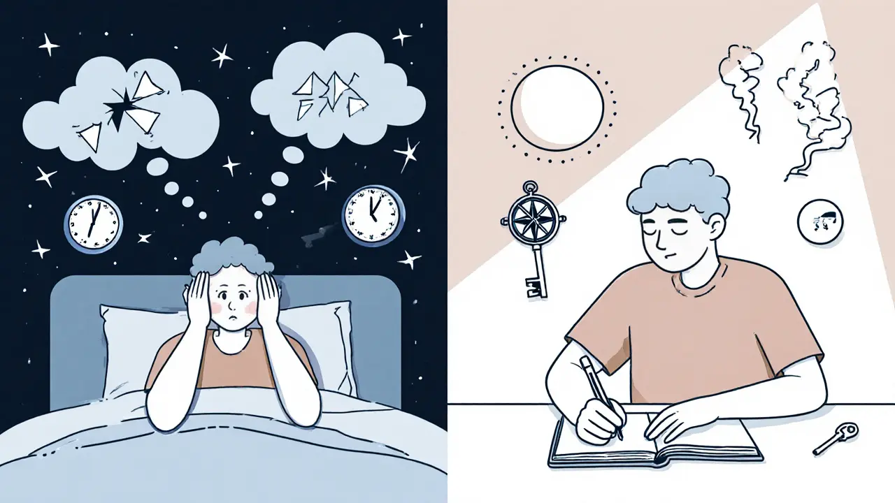 Člověk přechází od úzkosti k klidu, symbolizovaným nástroji jako klíčem a kompasem.