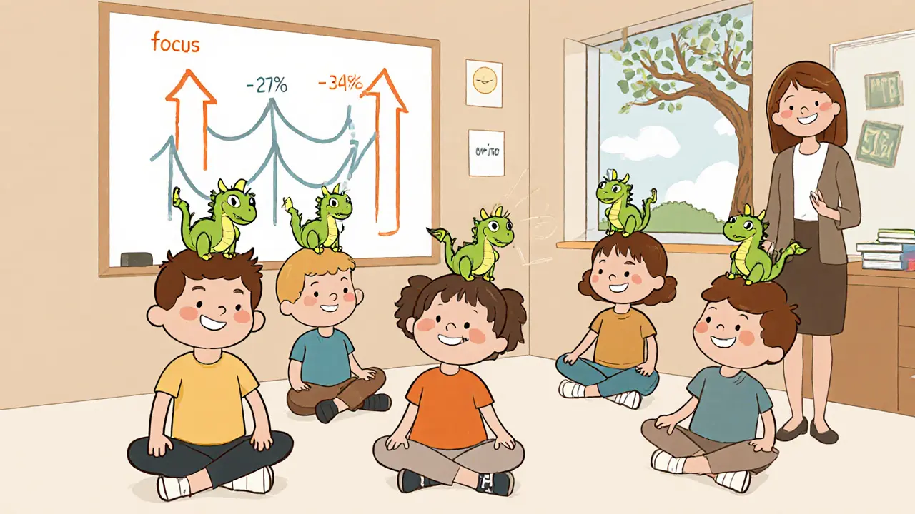 Děti v třídě dělají mindfulness dýchání, nad jejich hlavami jsou malí dechoví draci, na stěně graf ukazující zlepšení soustředění.