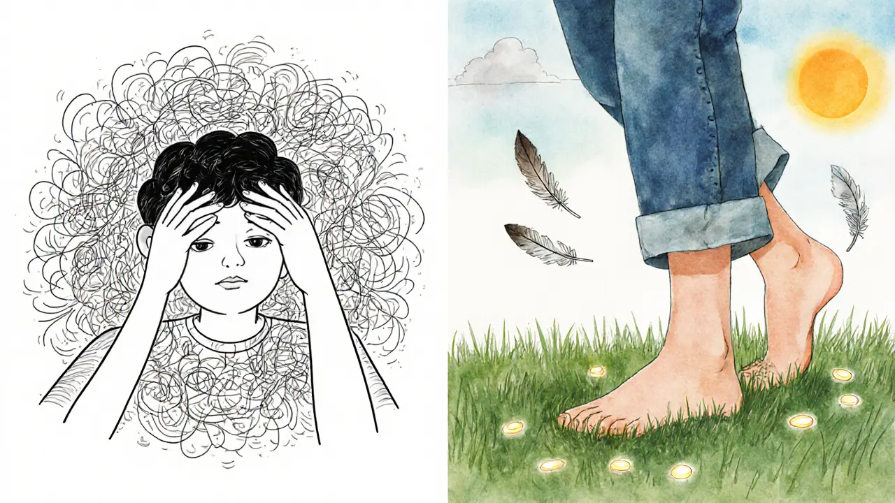 Dvě části scény: jedna ukazuje chaos myšlenek, druhá klidnou chůzi s lehkými myšlenkami jako peří—obě znázorňují změnu vztahu k vnitřním prožitkům.