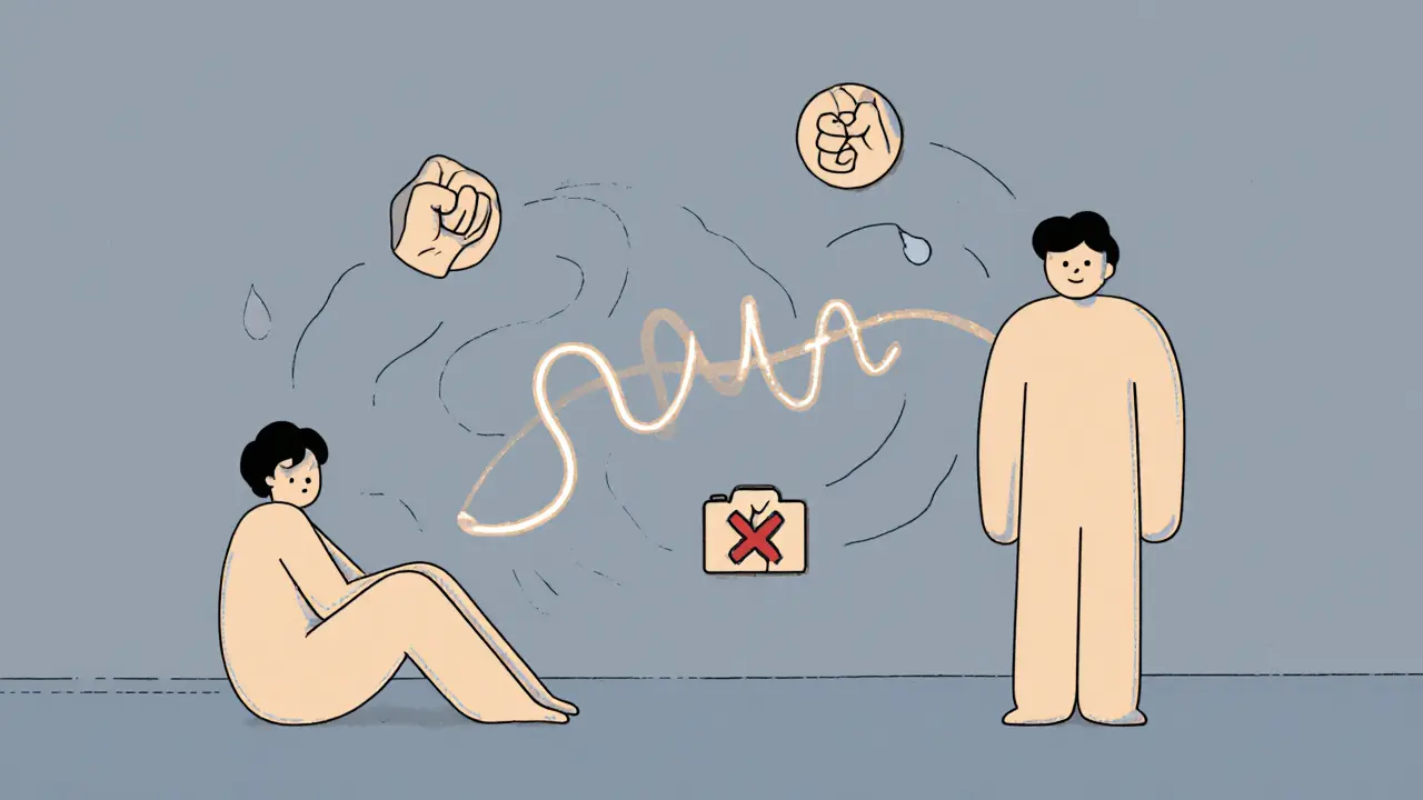 Dvě postavy spojené zvukovou vlnou, symbolizující terapii hlasem bez vizuálního kontaktu.