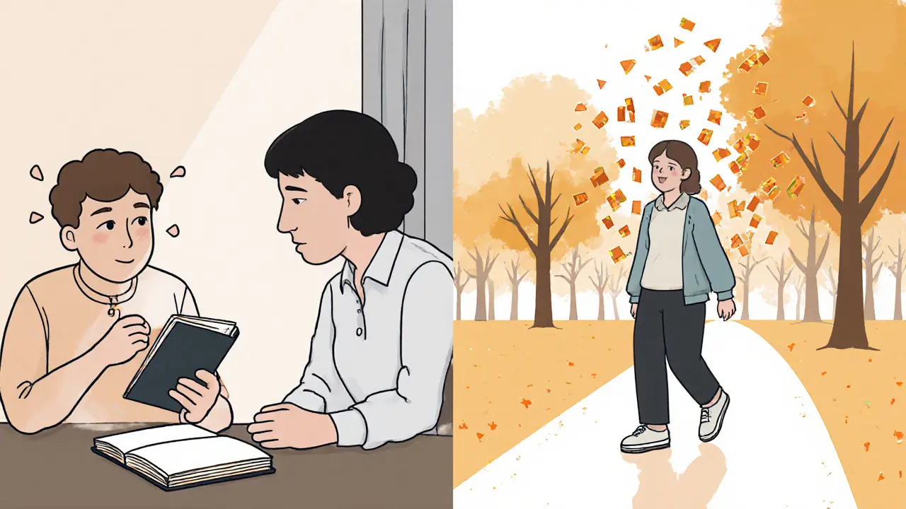 Dvě scény: tradiční terapie vlevo a uvolněný klient v přírodě vpravo po EMDR.