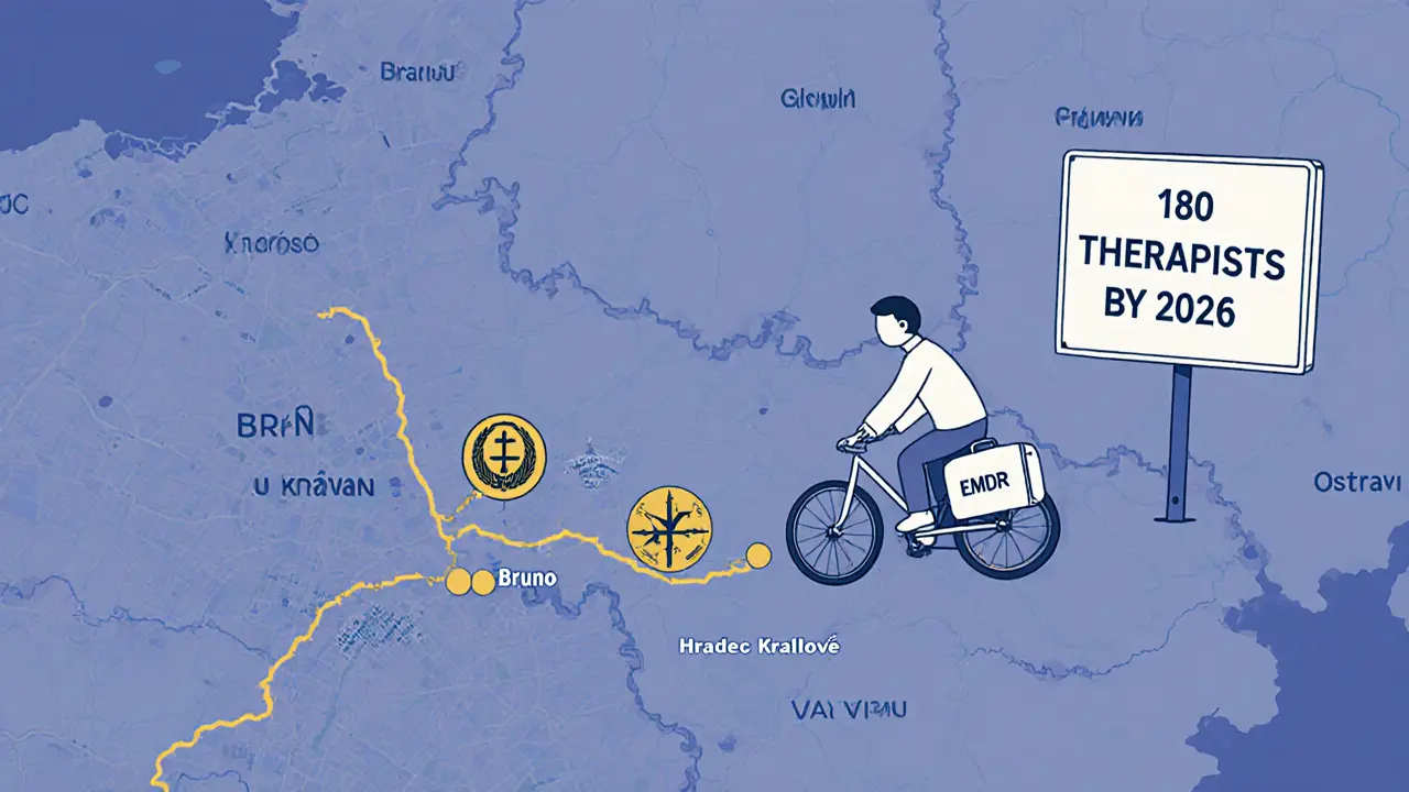 Mapa Česka s osmi městy, kde jen pět má certifikované terapeuty pro trauma.