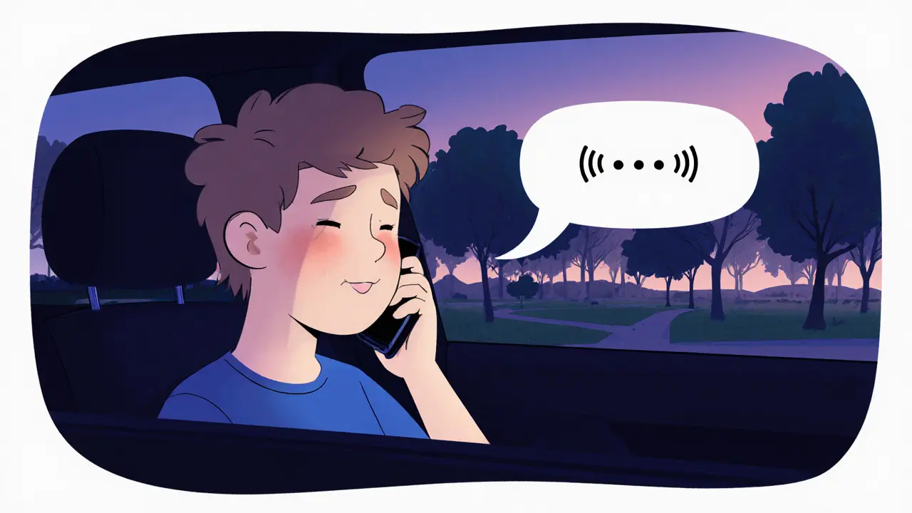 Osoba hovoří po telefonu v autě ve večerní tichosti, s otevřenou emocí a bez kamer.