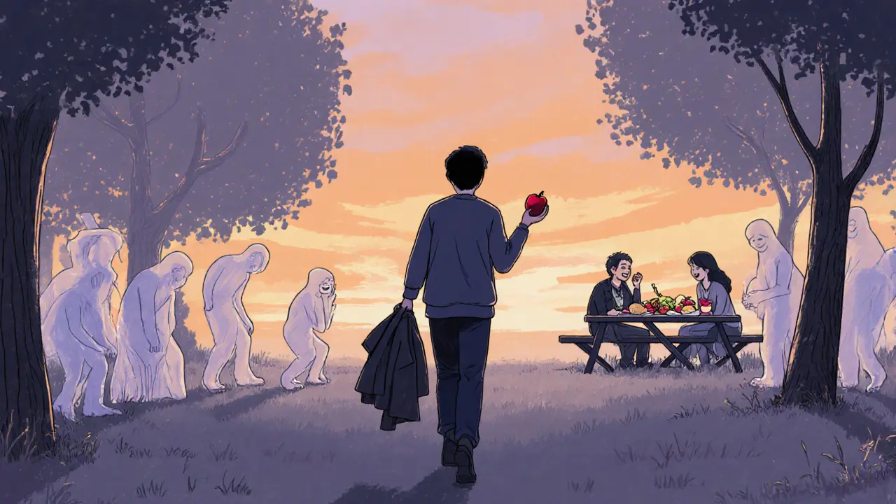 Osoba prochází parkem večer, drží jablko, kolem ní postupně mizí stíny starého sebe.