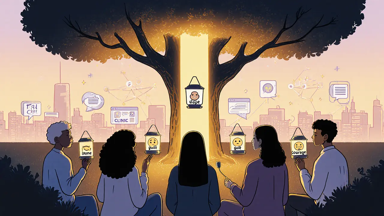 Skupina lidí v kruhu se svíčkami, jejich stíny tvoří světlo, symbolizující podporu a naději.