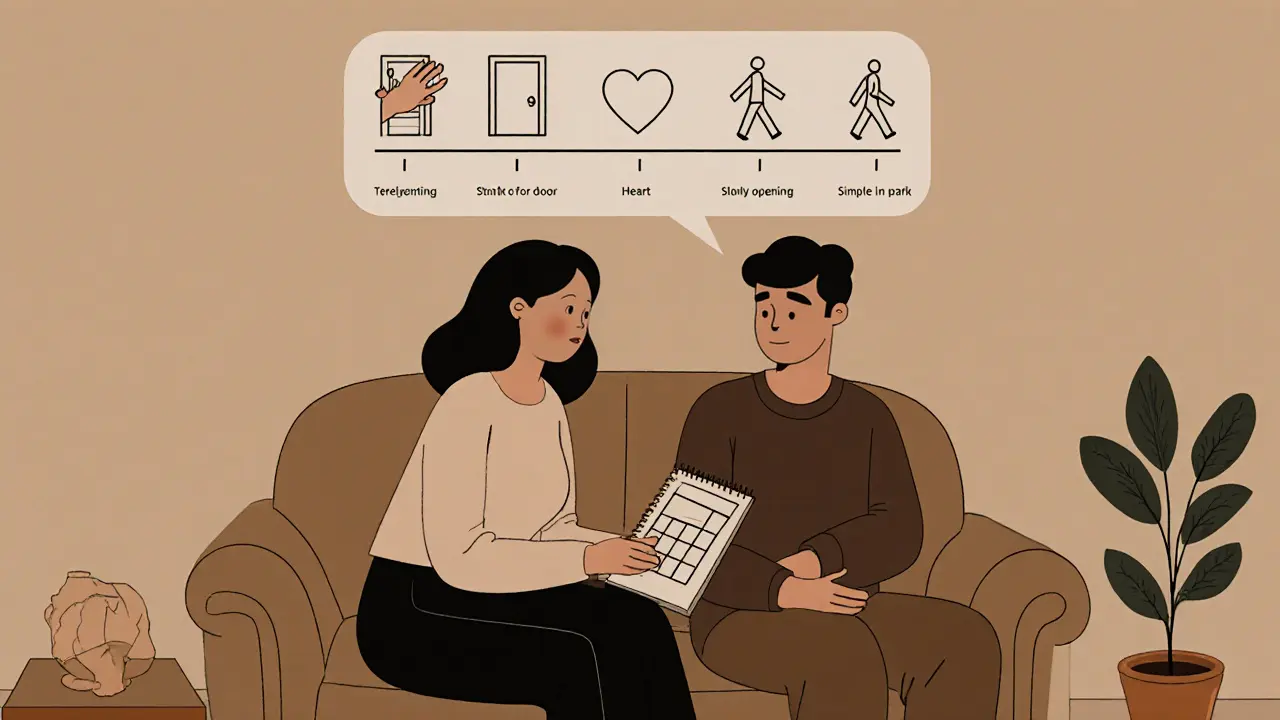 Terapeut a pacient sedí na pohovce, nad nimi se objevuje časová osa s ikonami růstu a úlevy.