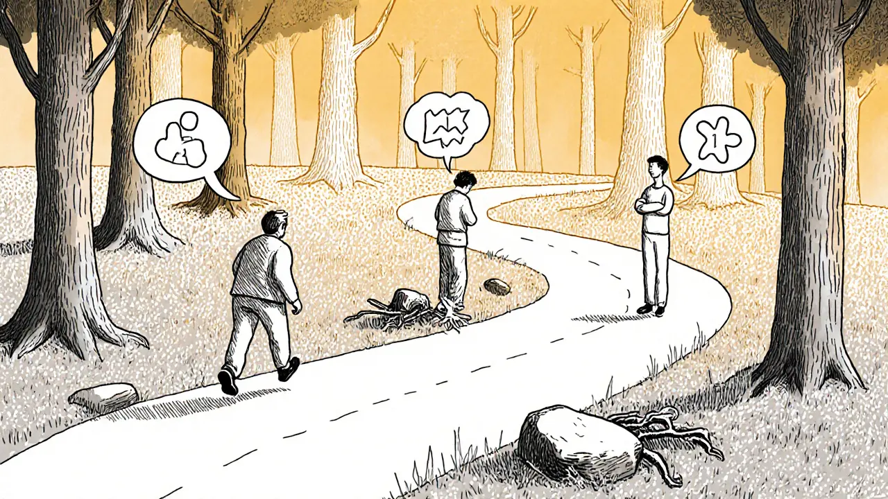 Tři postavy na cestě představují různé tempo terapie: rychlé, pomalé a zastavené.