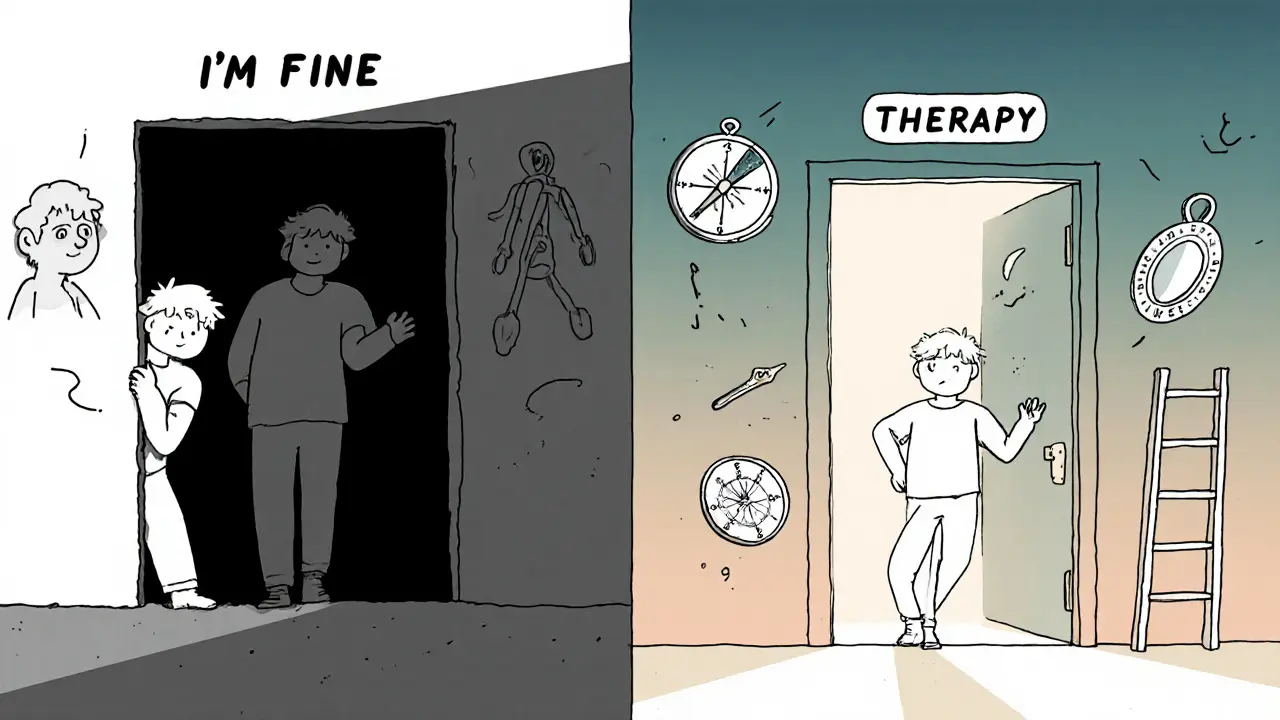 Člověk přechází z temnoty mýtů do světla seberozvoje s nástroji jako zrcadlo a kompas.