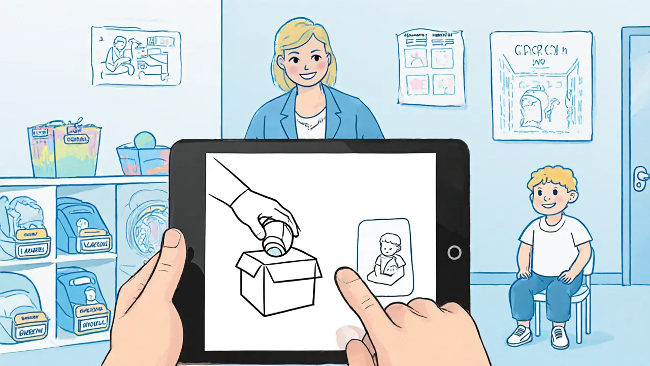 Dítě dokončuje úkol na tabletu s vizuálními kroky v terapeutickém centru.