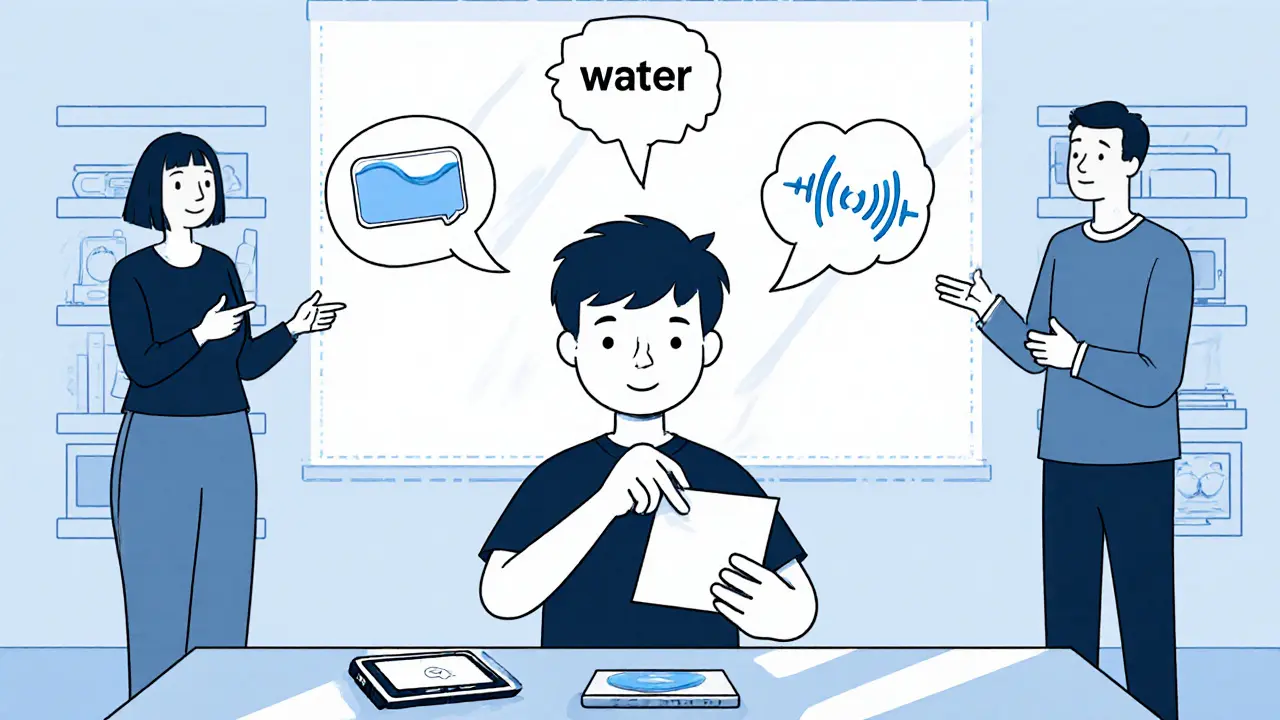 Dítě komunikuje najednou pomocí obrázku, tlačítka a hlasu, terapeut a rodič jsou vedle.