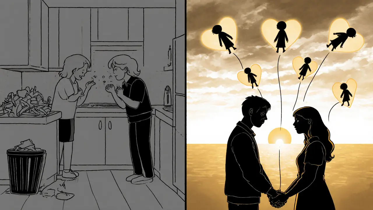 Dvě scény: hádka v kuchyni vlevo, klidné spojení srdcí vpravo, dětské stíny se uklidňují.
