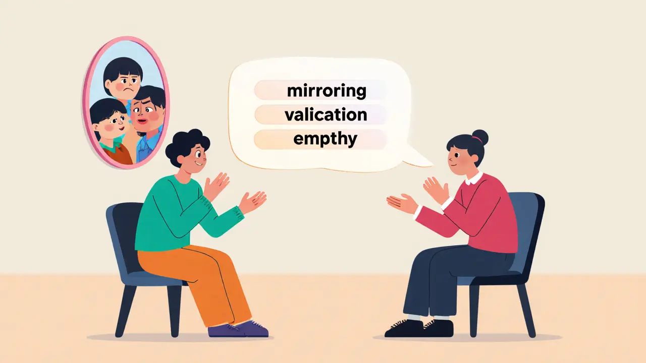 Pár v terapii, mezi nimi tři vrstvy komunikace: odrazování, potvrzování, empatie, za nimi zrcadlo s dětskými obrazy.