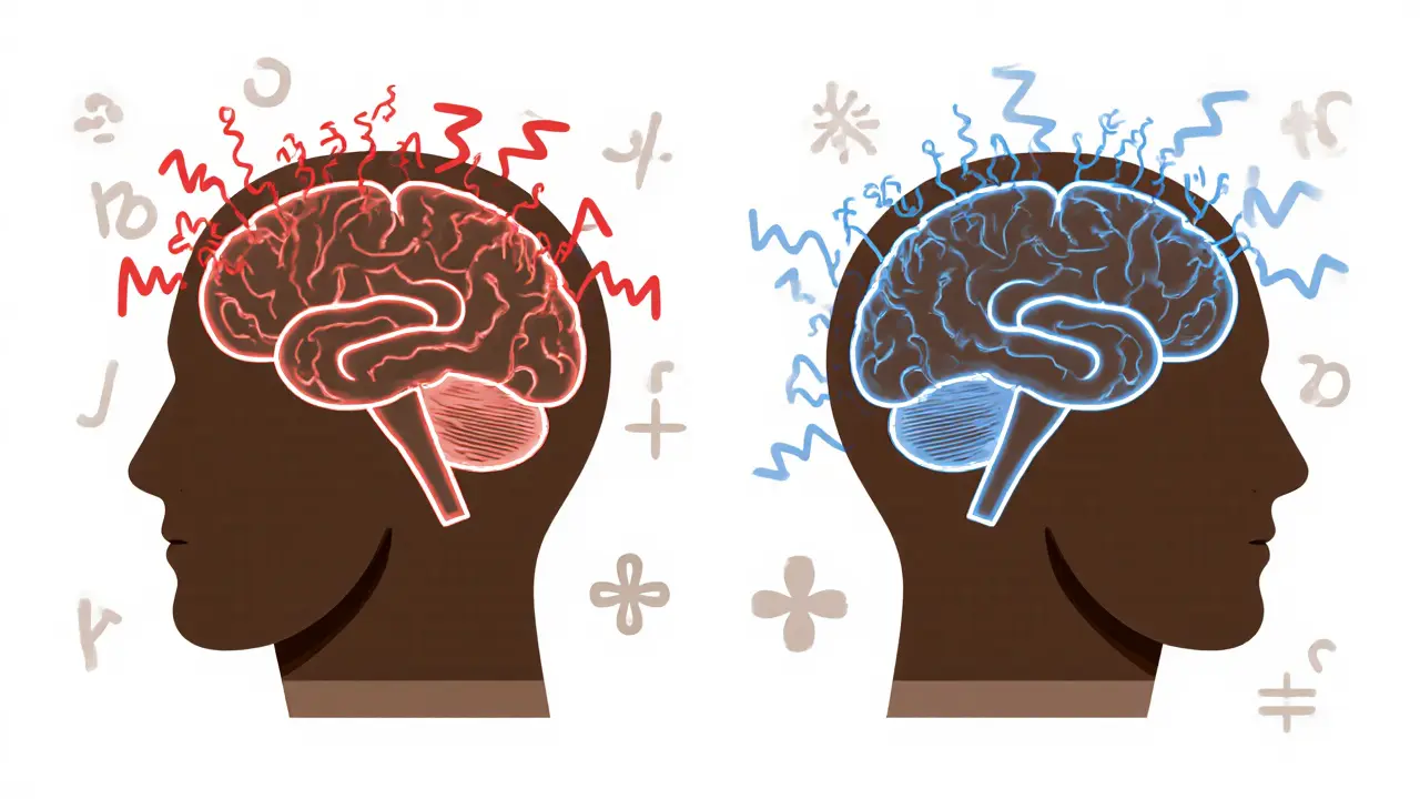 Porovnání nevyváženého a vyváženého mozku s barevnými mozkovými vlnami.