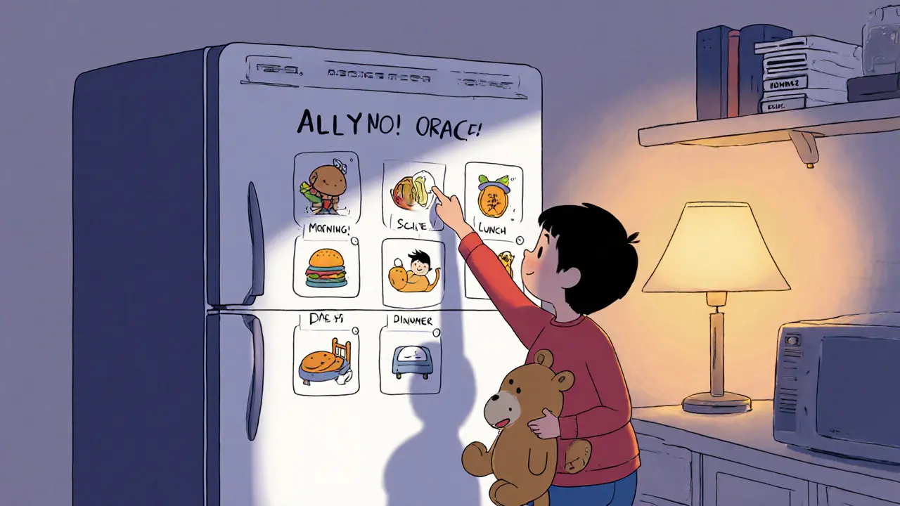 Rodič a dítě sledují vizuální denní plán na ledničce s ilustrovanými činnostmi.