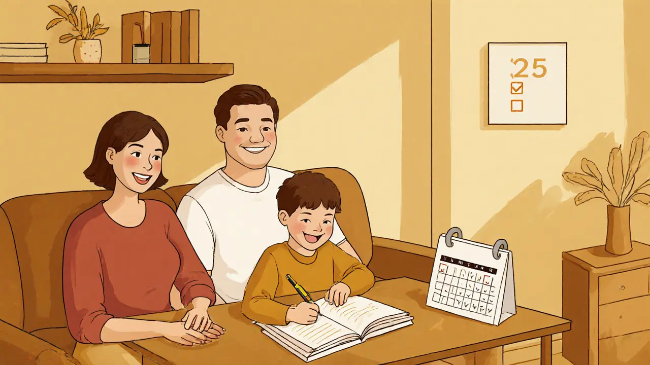 Rodina spokojeně pracuje doma, zatímco za nimi stojí zařízení pro neurofeedback.