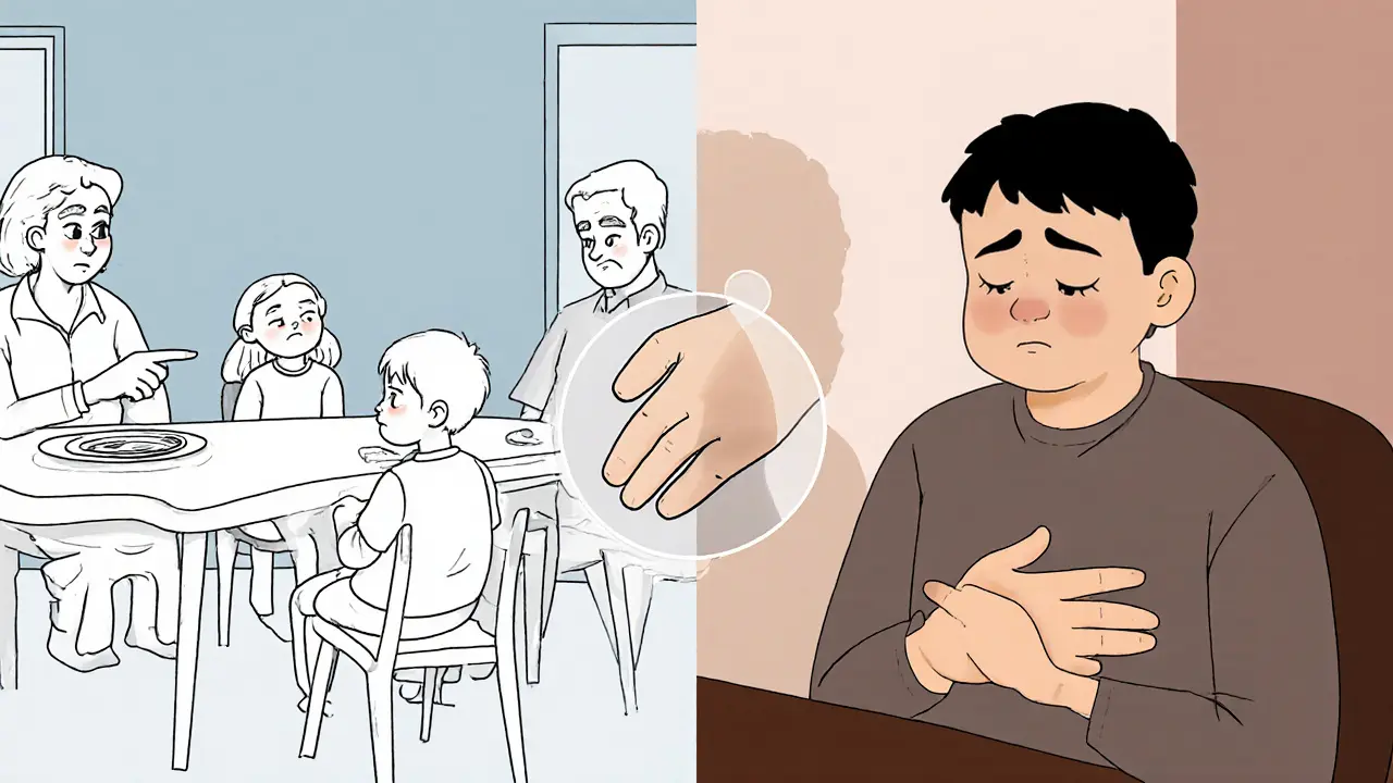 Rozdělený scénář: rodina s kritickými výrazy vs. dospělý pacient v klidu s terapeutem, překrývající se dětská ruka.