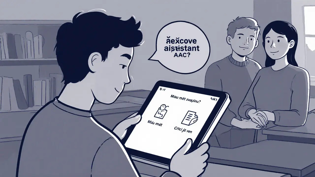 Teenager používá tablet s českou AAC aplikací, rodina ho pozoruje.