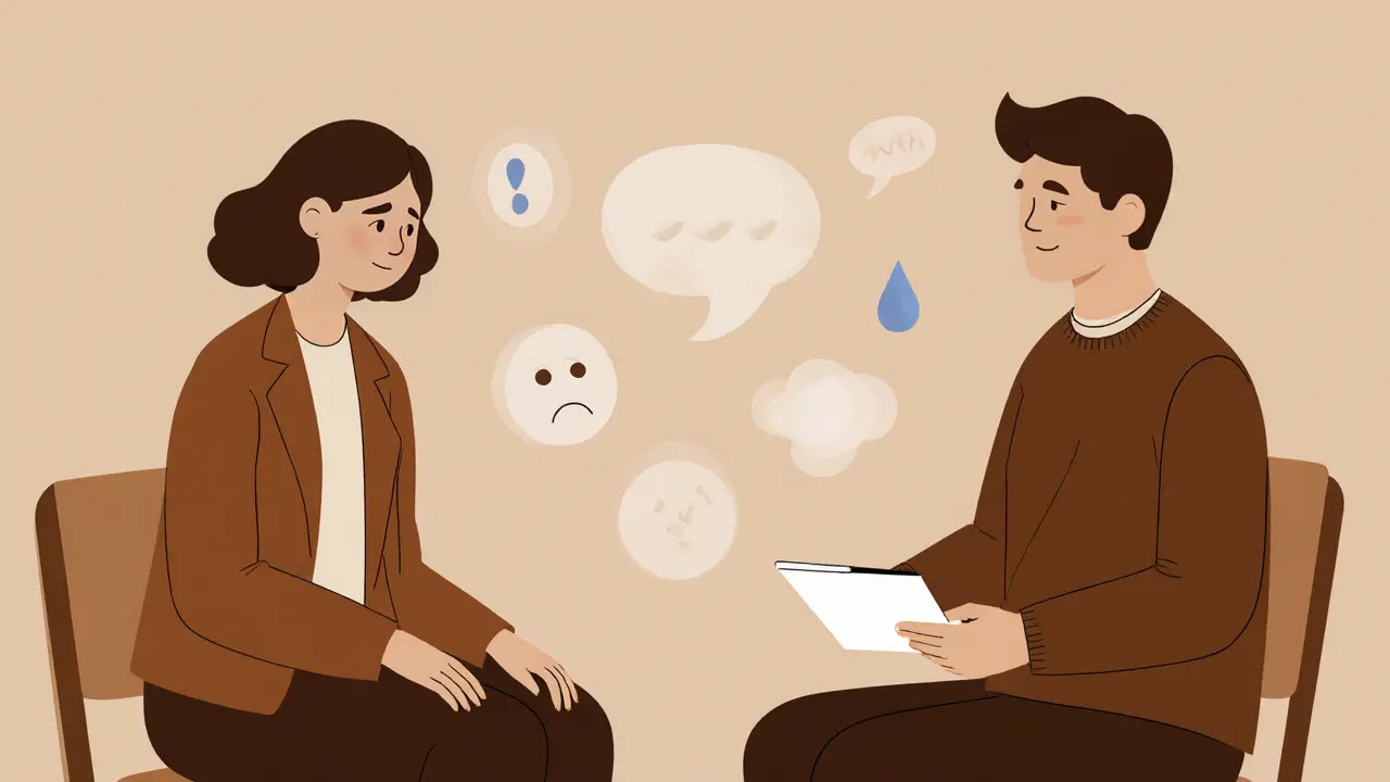 Terapeut a klient sedí naproti sobě, mezi nimi je vidět tiché emoce jako mlha.