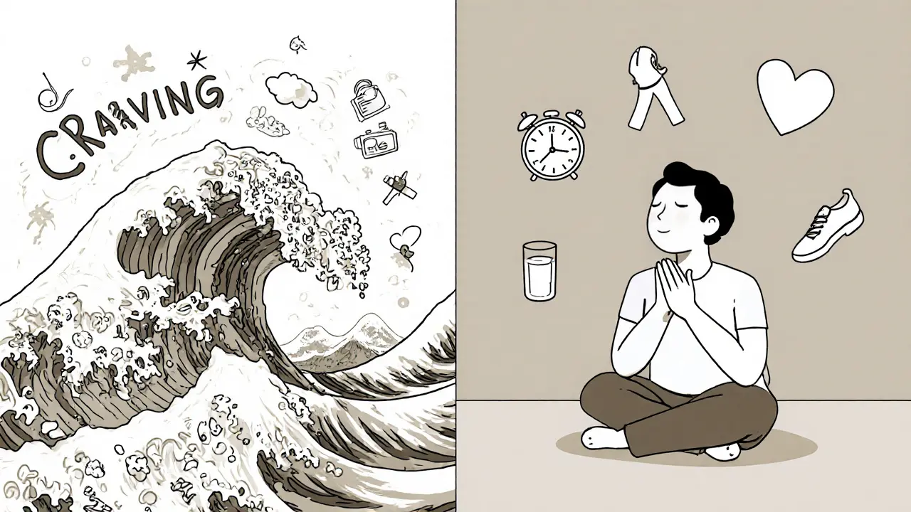 Člověk je vystaven vlně cravingu na jedné straně, zatímco na druhé straně klidně dýchá a používá nástroje k zvládnutí.
