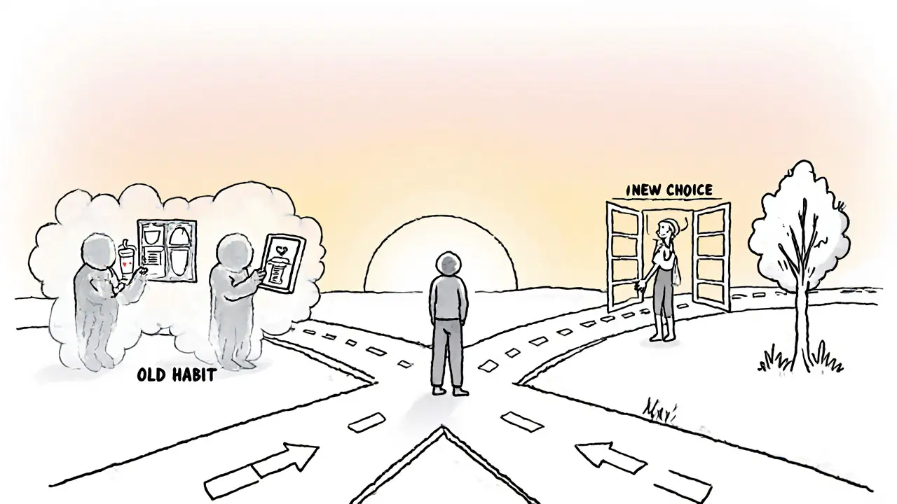 Člověk stojí na rozcestí mezi cestou závislosti a cestou nového života, symbolizované jasnými obrazovými prvky.
