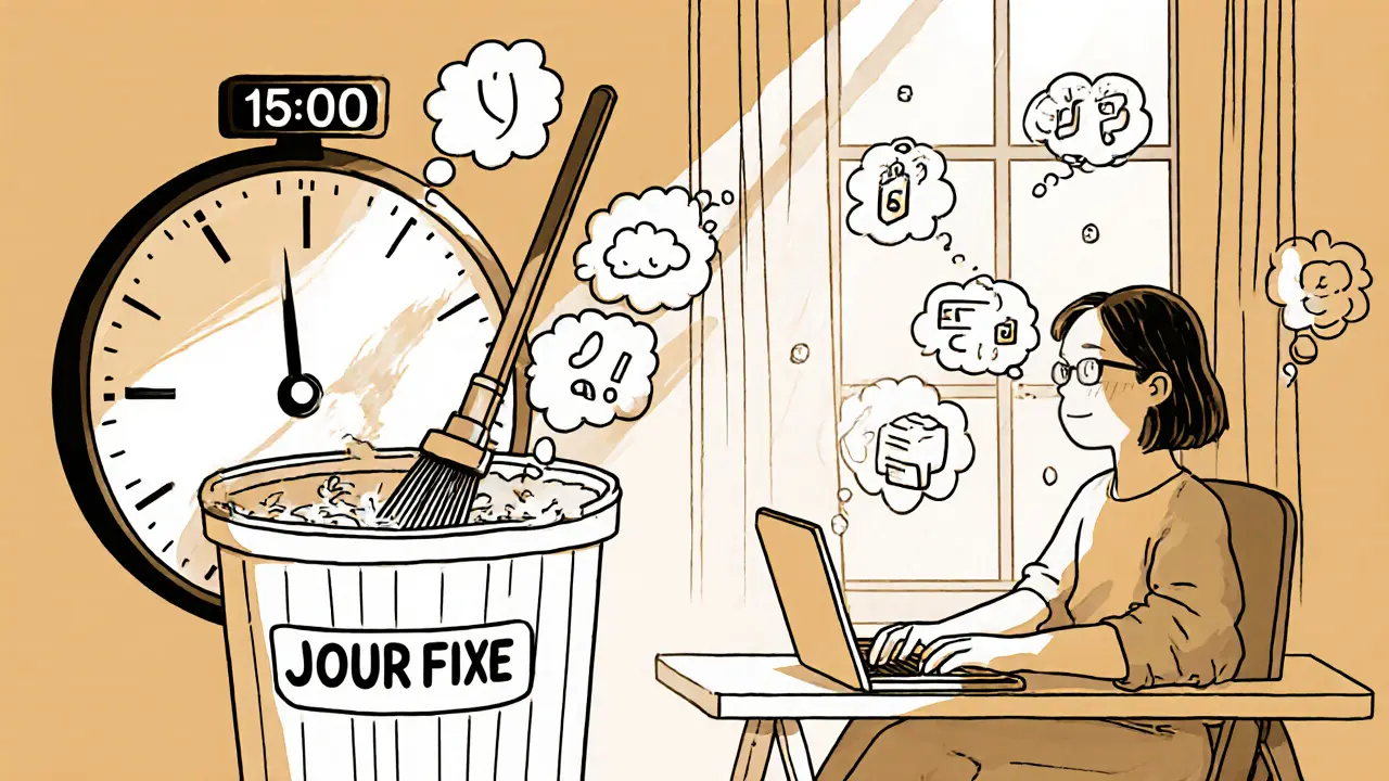Hodiny ukazují 15:00, zatímco katastrofické myšlenky jsou odváděny do koše.