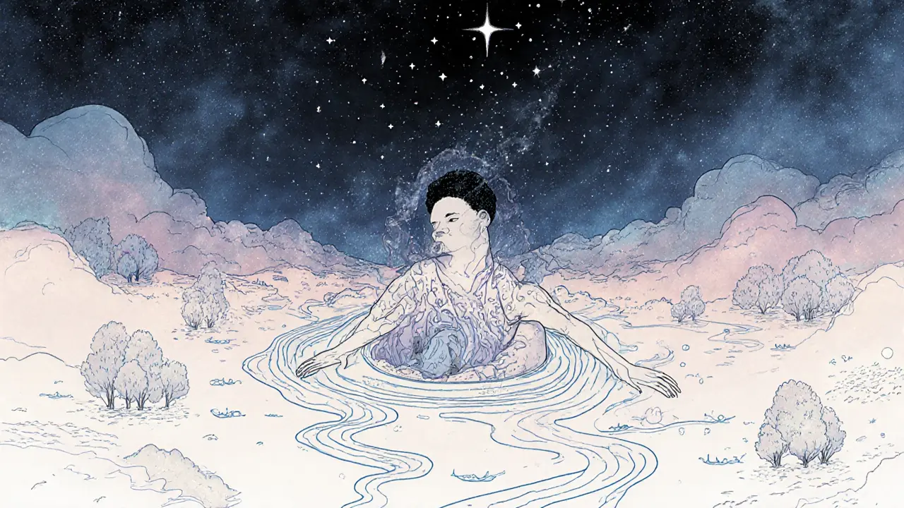 Lidský tvar se slévá s kosmickou krajinou — stromy, hvězdy a řeky, symbolizující jednotu se vším.