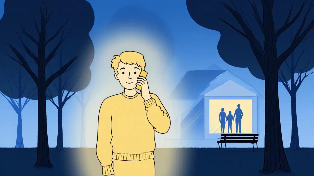 Osoba hovoří po telefonu v parku při soumraku, za ní průhledná silueta rodiny doma, okolí klidné a bezpečné.