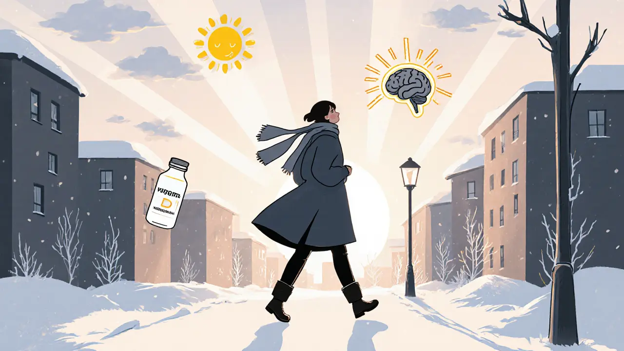 Osoba kráčí ven v zimním světle, s představou světla a zdraví kolem sebe.