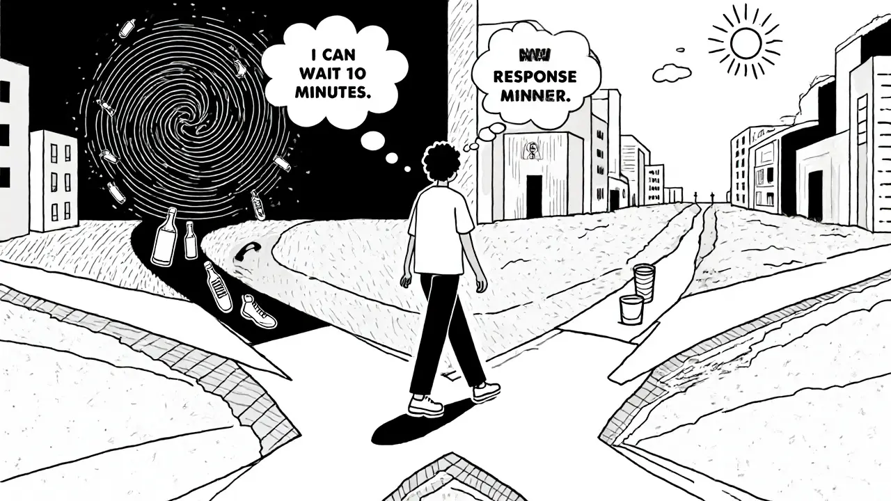 Osoba na křižovatce, obrací se k cestě s lehkými symboly místo závislosti.