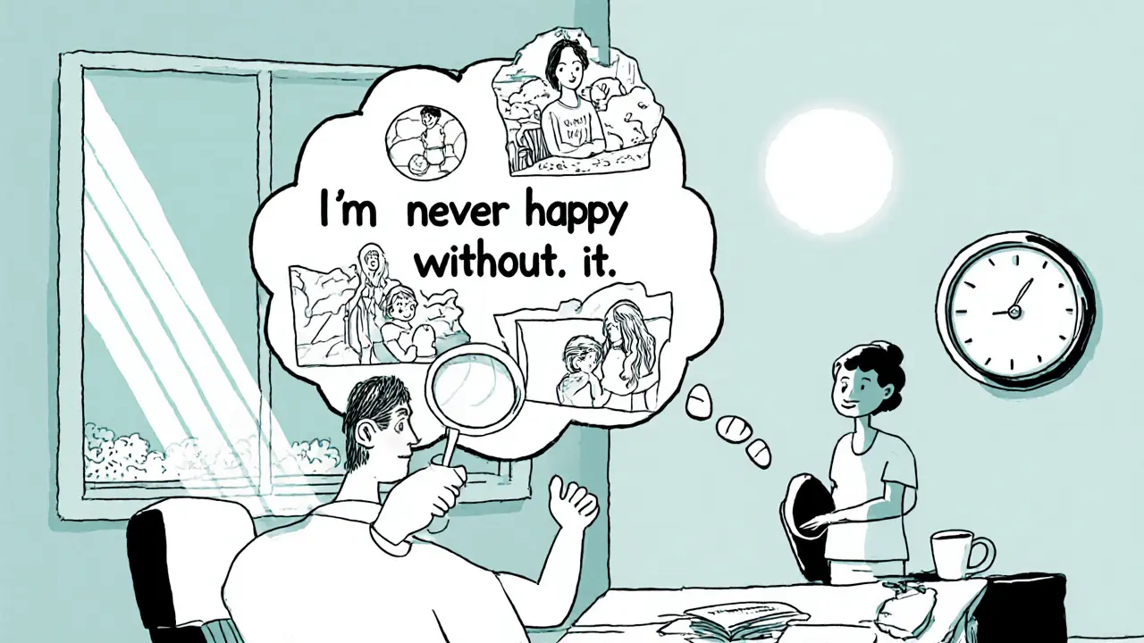 Osoba s lupy přes myšlenku &#039;Bez toho jsem nikdy nebyl šťastný&#039;, s připomínkami šťastných okamžiků.