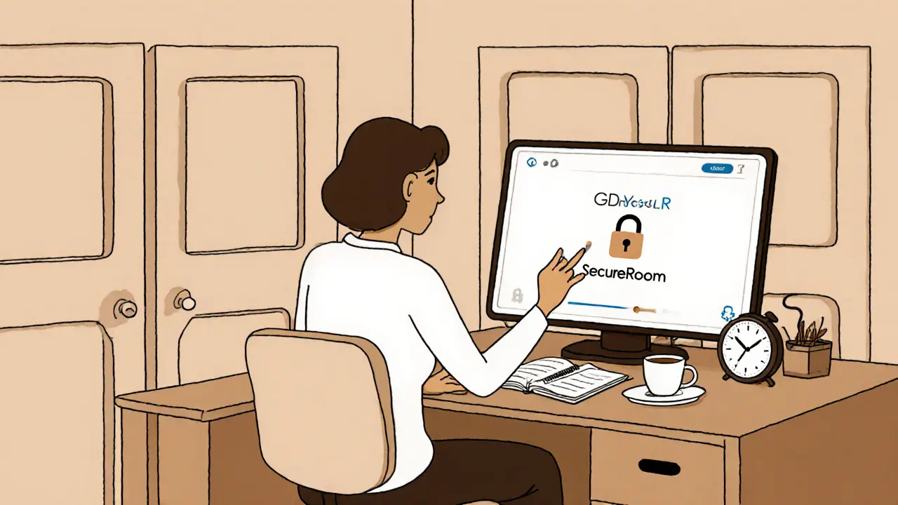 Terapeut v klidné kanceláři kontroluje bezpečnou platformu s ikonou GDPR a zámkem, na stole čaj a hodiny.