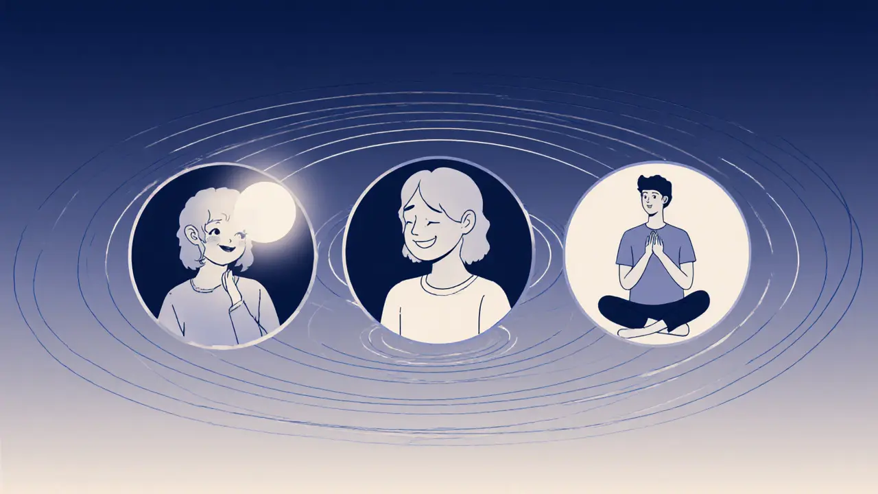 Tři lidé zažívají různé emocionální stavy v bezpečném prostoru, každý jinak, ale v klidu.