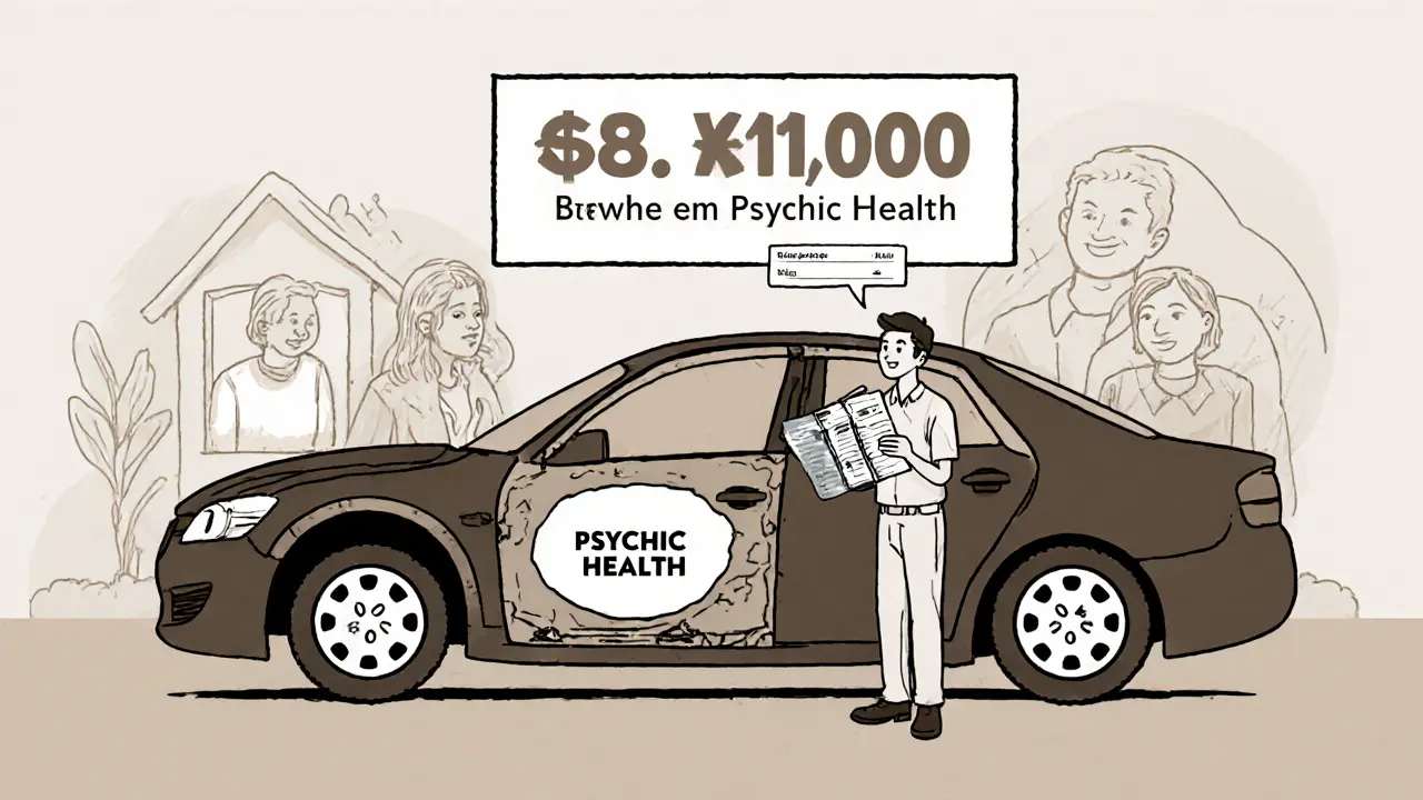 Auto s poškozeným motorem, které je servisováno terapeutem, s nápisem o ušetřených nákladech.