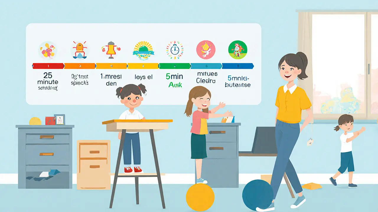 Dítě pracuje stojící u stolu ve třídě s vizuálním časovým plánem.