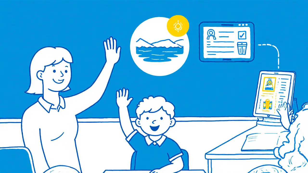 Dítě zvedá ruku ve třídě, zatímco na zdi visí klidný vizuální signál pro soustředění.