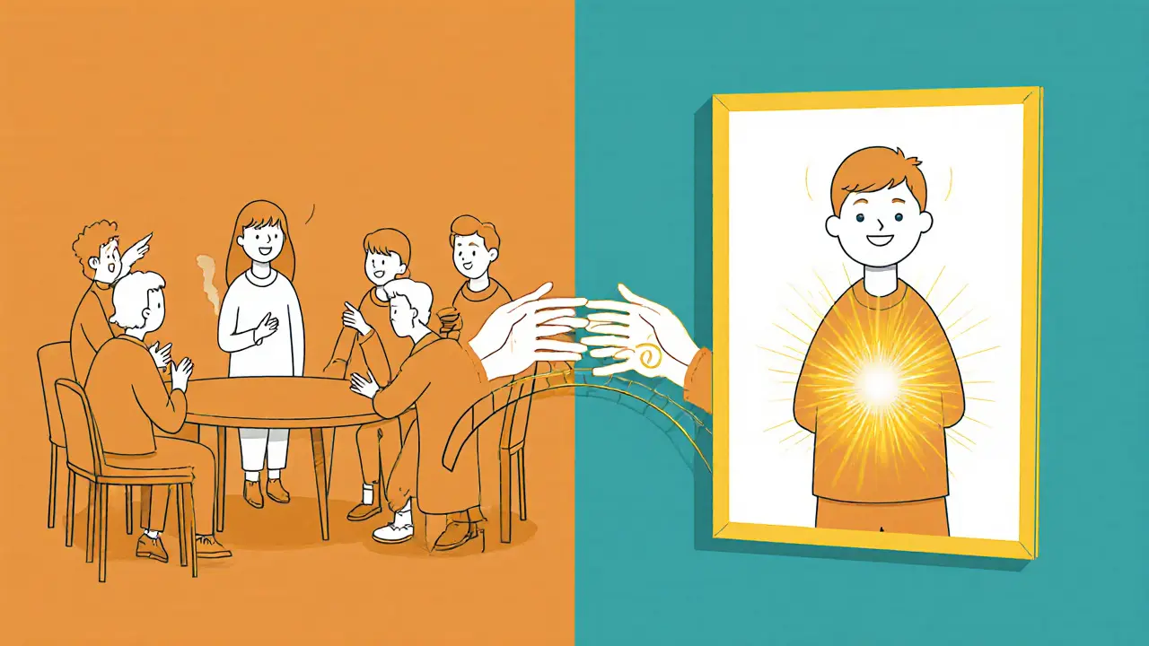 Dvě scény spojené mostem: skupinová terapie a osobní přijetí sebe sama.