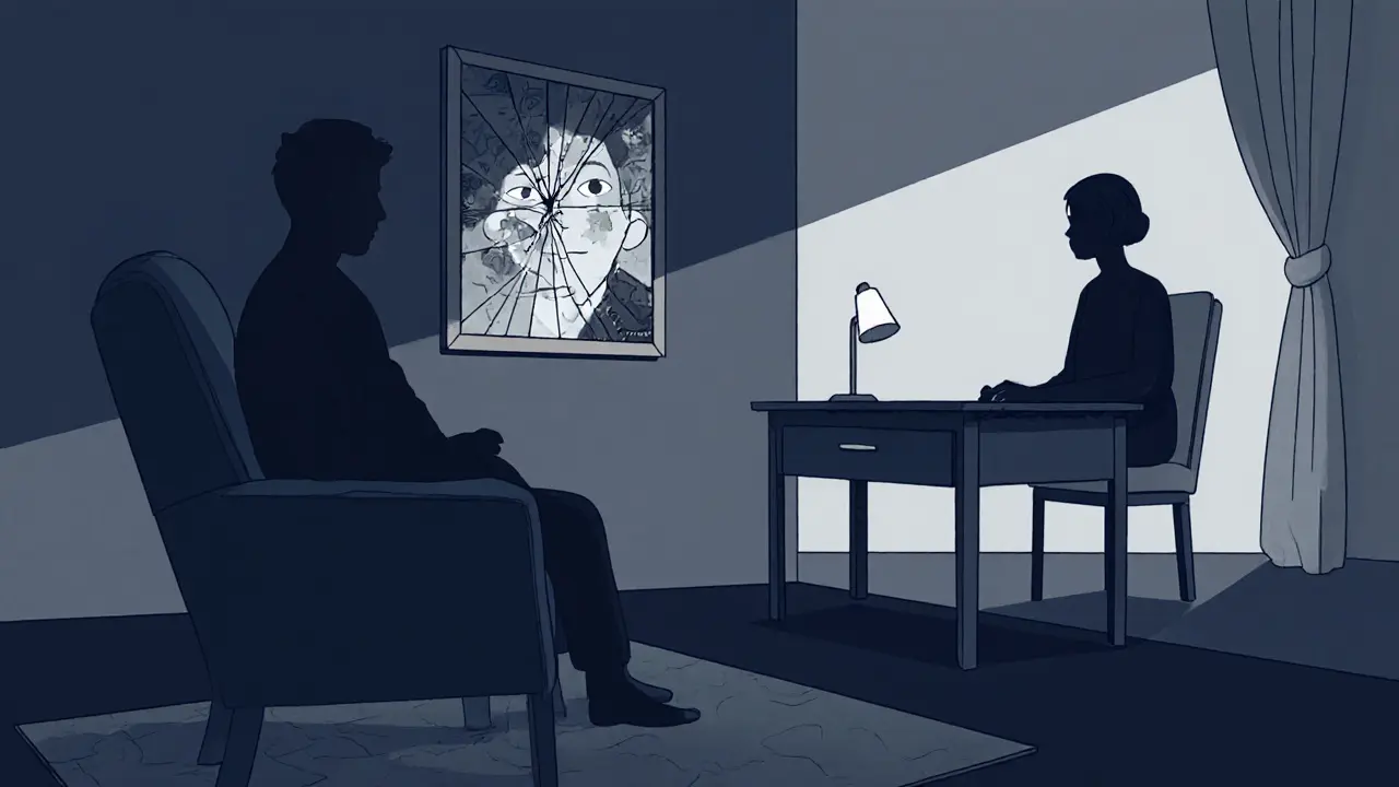 Jedna osoba sedí samotná v tiché terapeutické místnosti s terapeutem v stínu.